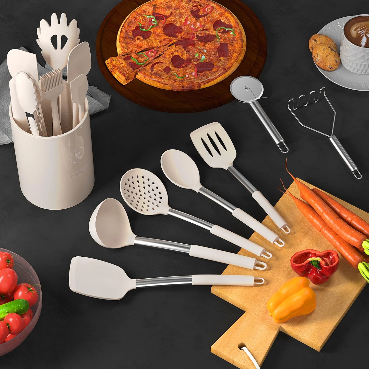 Silicone Cooking Utensils Set - Heat Resistant Silicone Kitchen Utensils for Cooking, Kitchen Utensil Spatula Set,Bpa FREE Kitchen Gadgets Tools for Non-Stick Cookware Dishwasher Safe (Khaki)