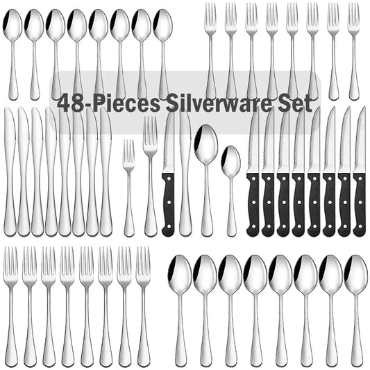 48-Pieces Silverware Set for 8, Stainless Steel Flatware Cutlery Utensil Set Forks and Spoons, Kitchen Tableware Set