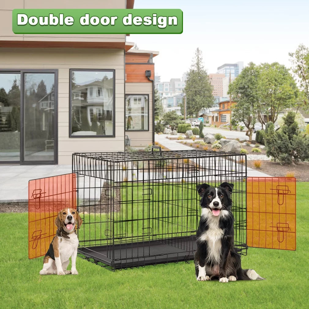 48-Inch Foldable Metal Dog Crate for Large Breeds with Double Doors, Divider, and Removable Tray (Black)