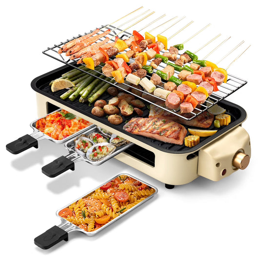 1500W Indoor Electric Smokeless Grill with Non-Stick Surface and 3 Mini Raclette Pans - Perfect for Grilling, Roasting, and Frying, Easy to Clean (Beige)