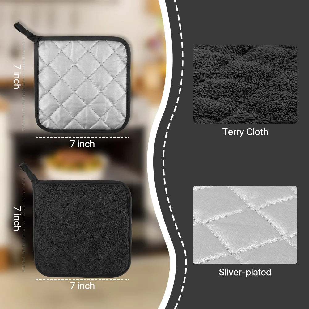 Kitchen Pot Holders Sets Heat Resistant Pot Holder Cotton Oven Hot Pads for Cooking Baking Set of 3 7X7" Black