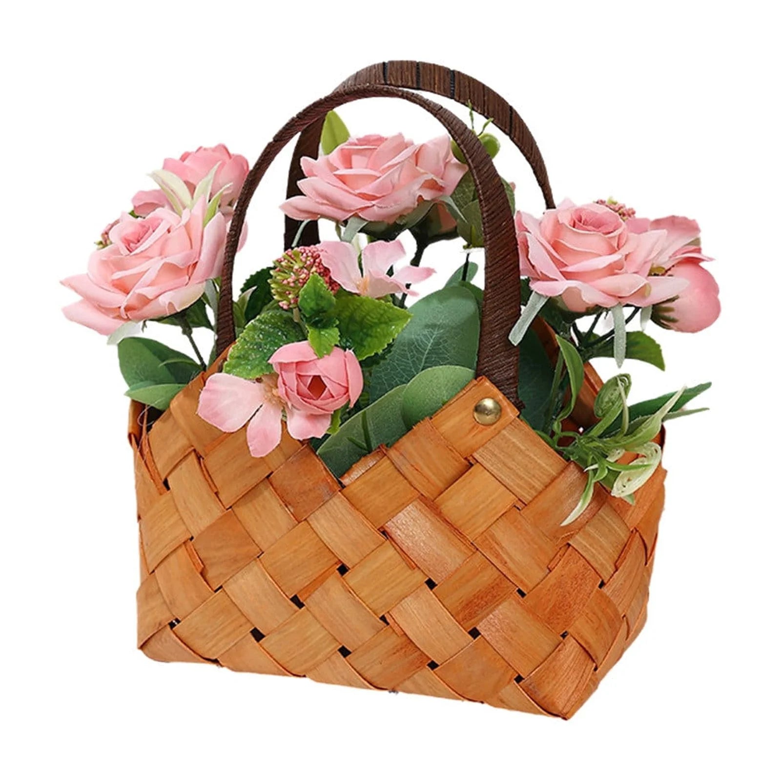 Flower Wicker Basket with Handle,Fake Roses Flowers Suitables for Mother'S Day Gifts,Home Kitchen Wedding Decoration,Handheld Flower Baskets for Wedding