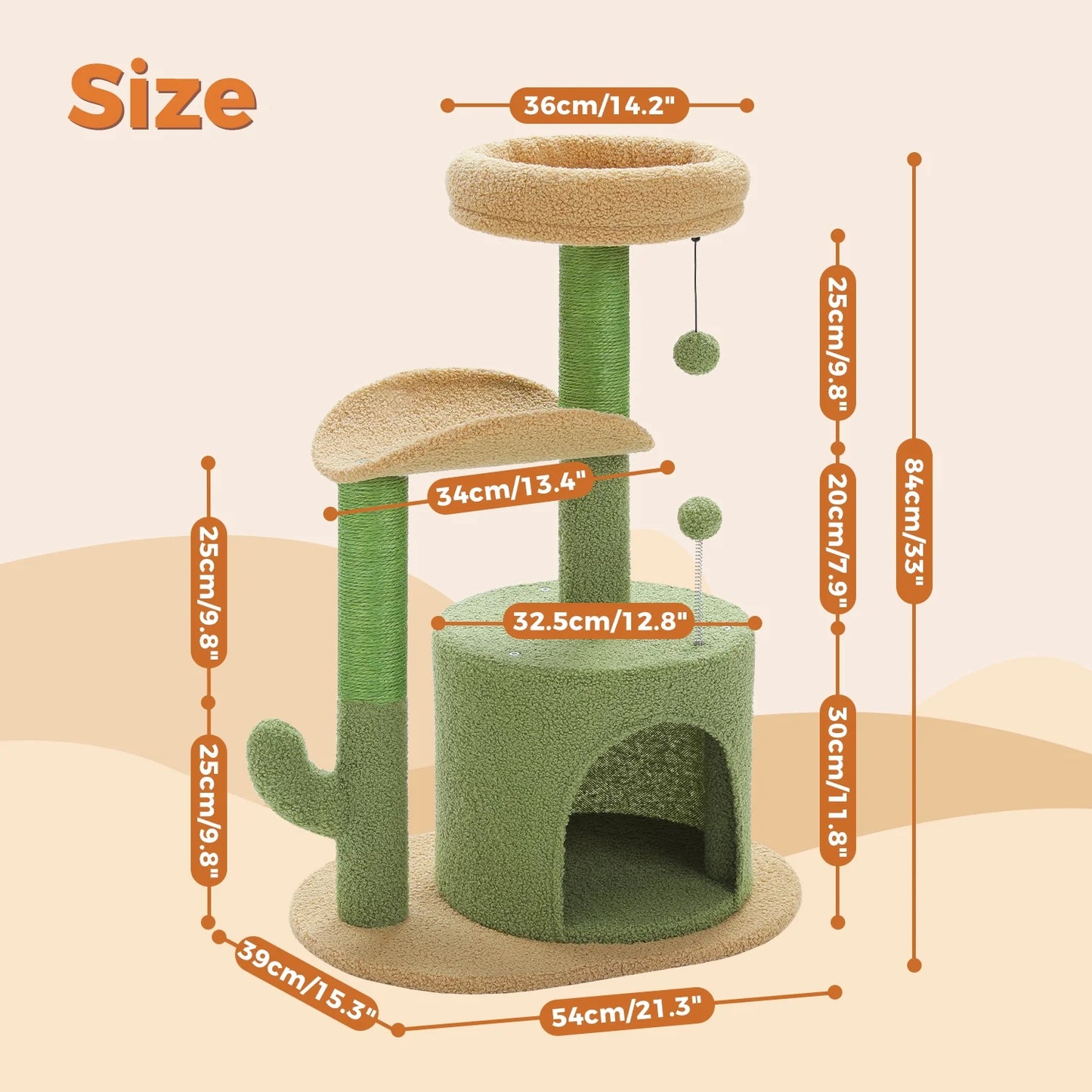 32-Inch Cactus Cat Tree Tower with Scratching Posts and Cozy Condo Perch for Indoor Cats, Green