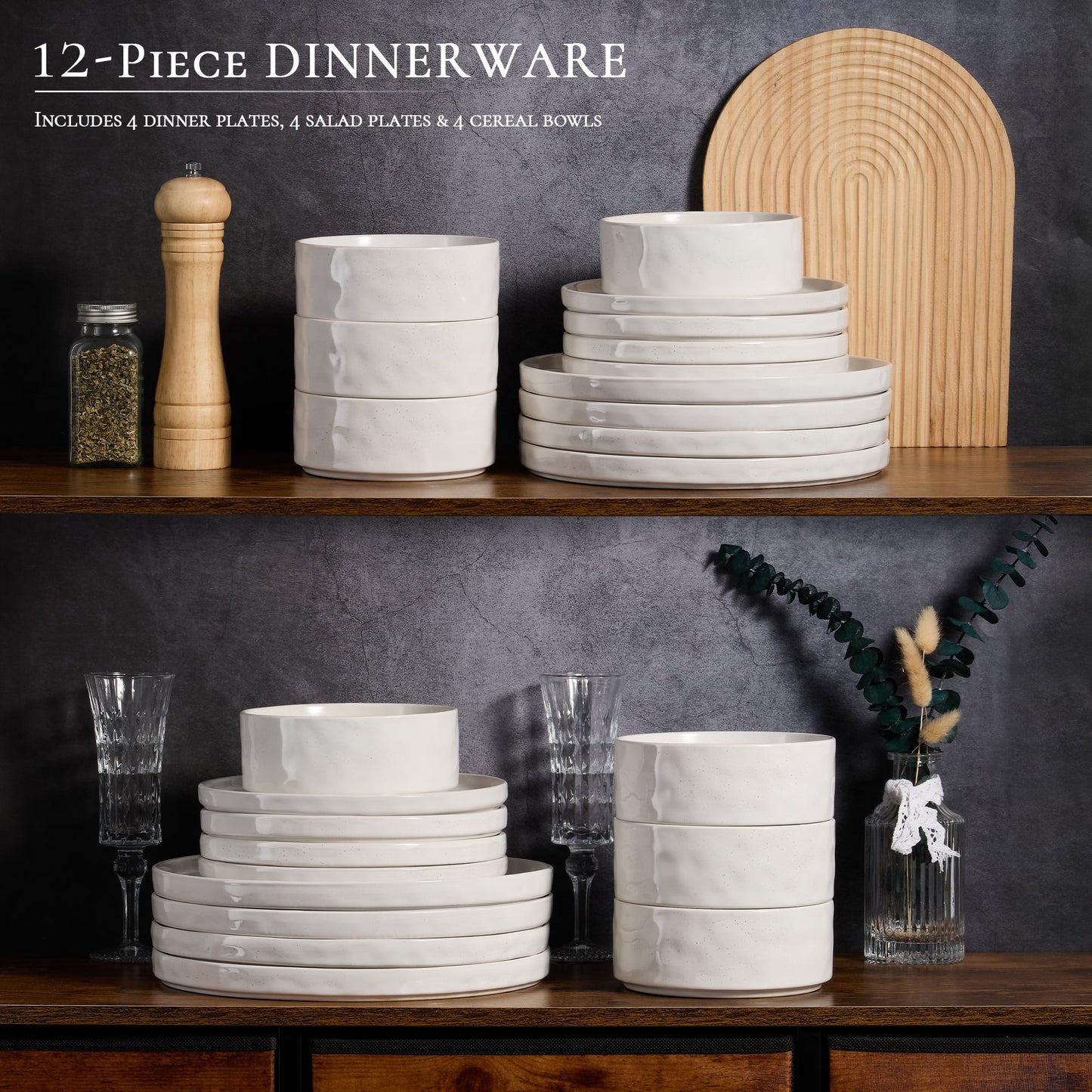 12-Piece Stoneware Dinnerware Set for Four, Elegant Speckled White Ceramic Plates and Bowls for Home and Restaurant Use