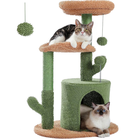 32-Inch Cactus Cat Tree Tower with Scratching Posts and Cozy Condo Perch for Indoor Cats, Green