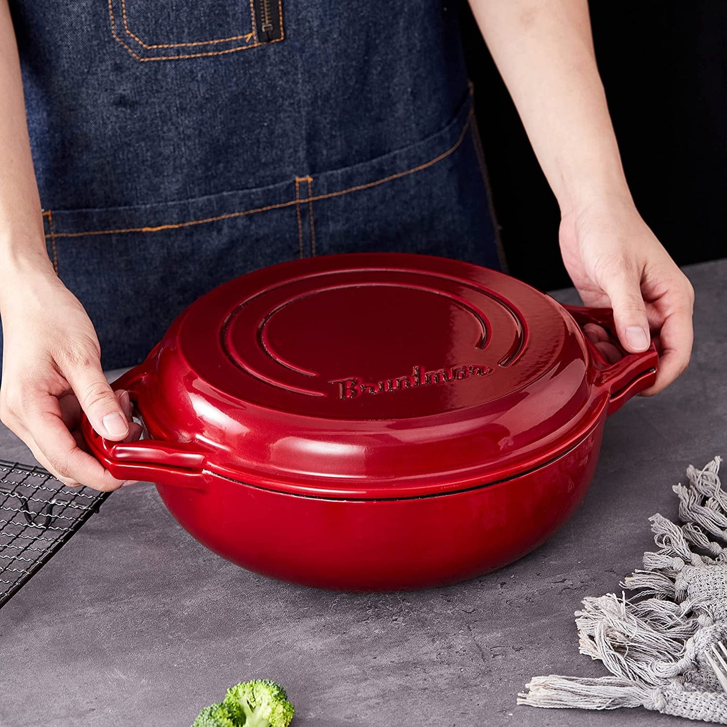 | 2-In-1 Enameled Cast Iron Cocotte Double Braiser Pan with Grill Lid
