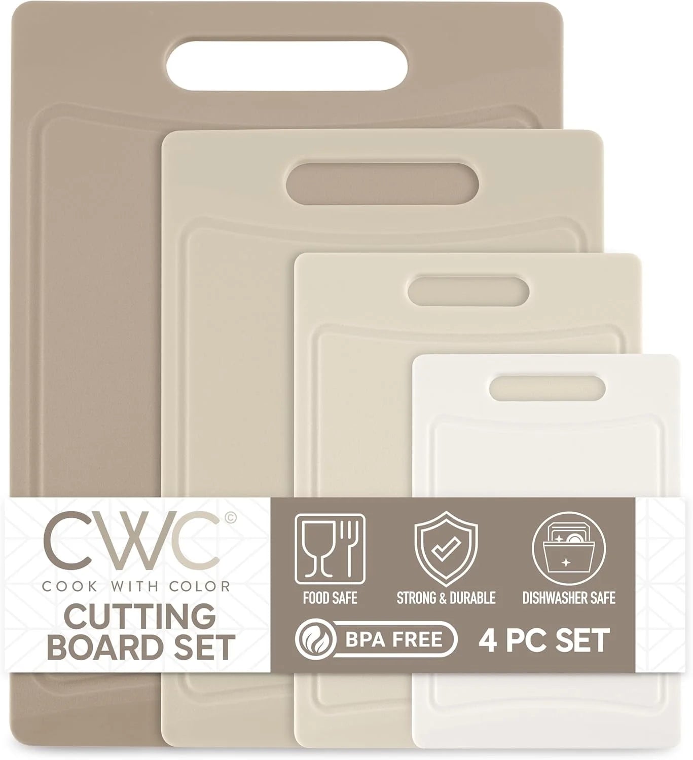 Non-Slip Cutting Board Set – Kitchen Essentials with Easy Grip Handle for Meat, Veggies, and Fruits, 4 Cutting Boards, Brown