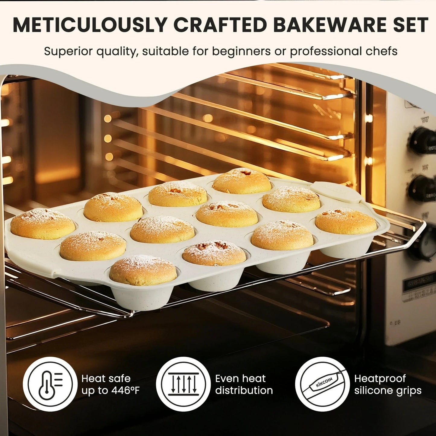 Bakeware Set, 21-Piece Baking Pans Set Kitchen Carbon Steel Baking Sheet Pans with Silicone Handles, Cookie Sheets Nonstick(Beige)