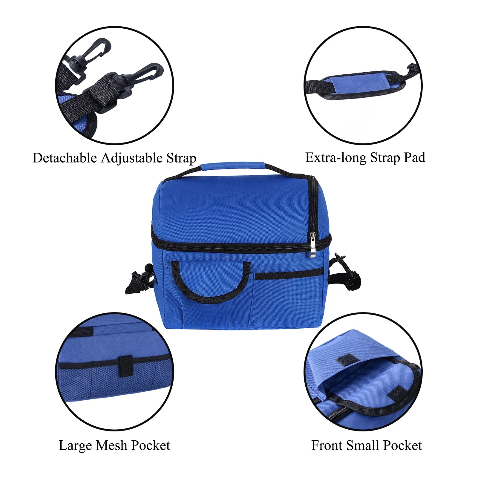 Large Insulated Lunch Bag for Women and Men, Blue Oxford Fabric Dual Compartment Reusable Lunch Box for School Office Work Picnic, Leakproof Cooler Lunch Tote Bag with Adjustable Shoulder Strap
