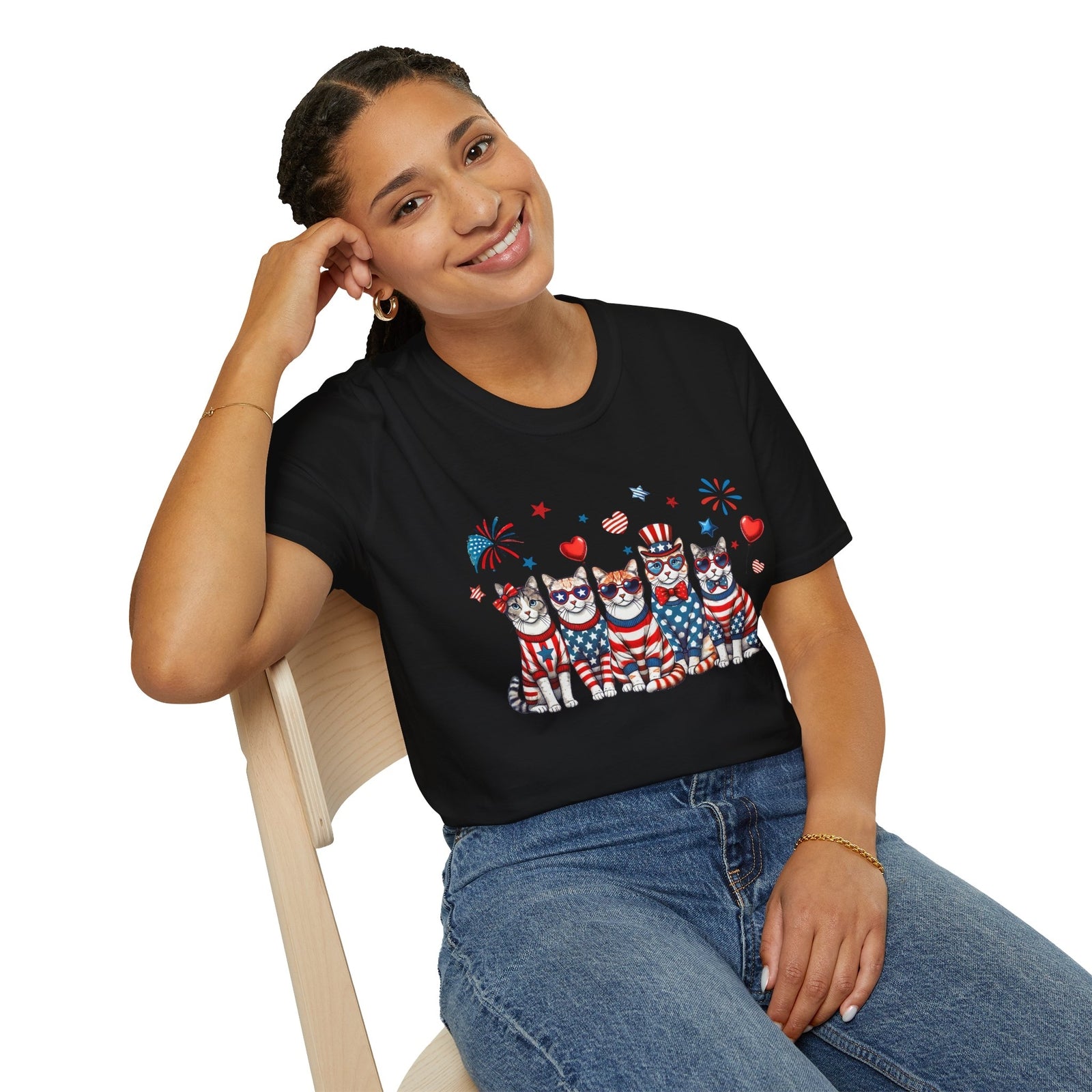 Patriotic Cat Unisex Softstyle T-Shirt for Fourth of July Celebrations