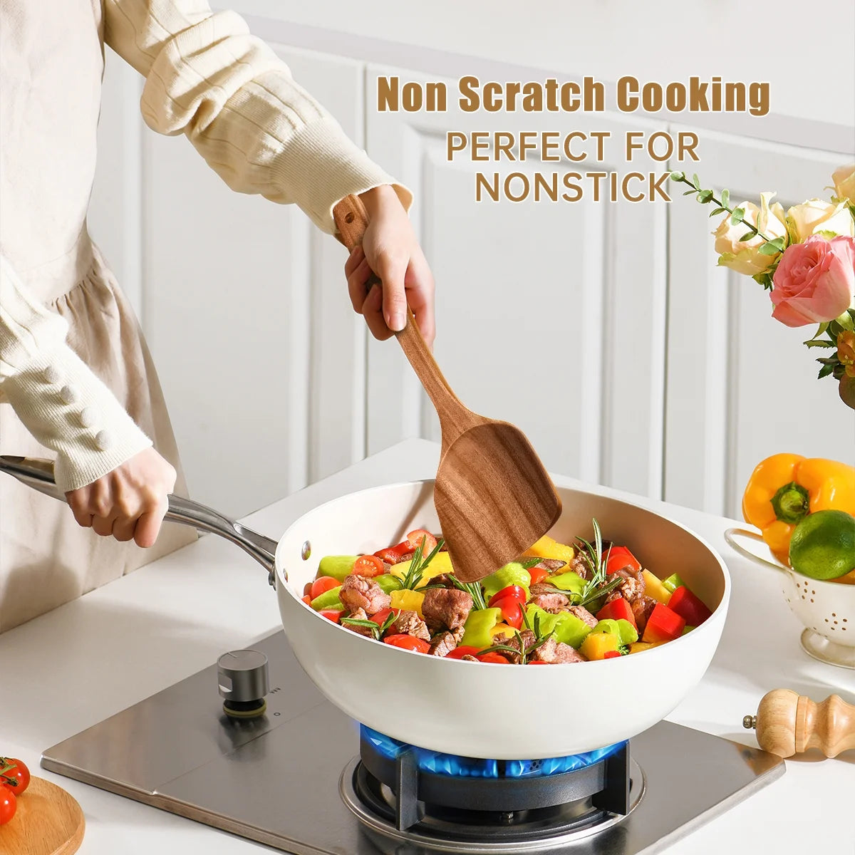 Teak Wood Cooking Utensil Set - 6 Piece Lightweight, Sturdy, and Heat Resistant Wooden Spoons and Spatula for Nonstick Pans and Cookware