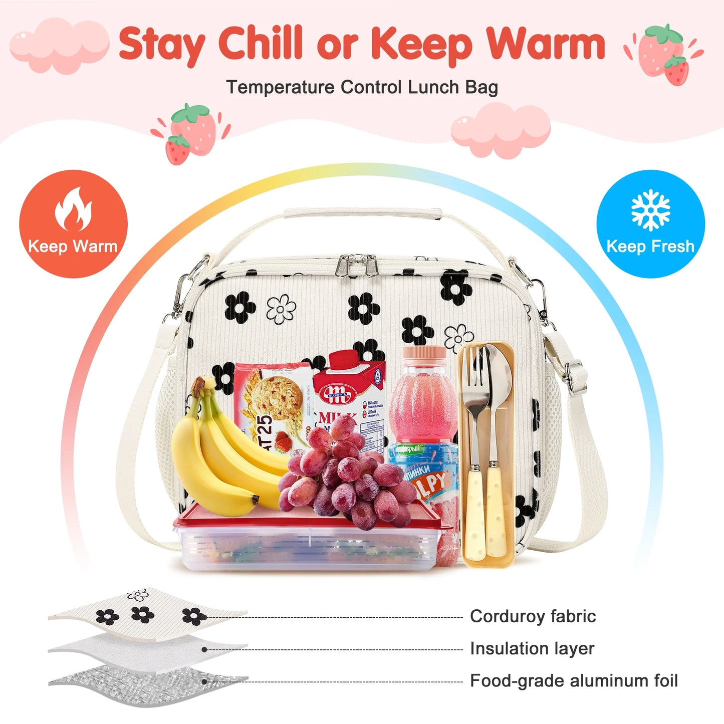 Black & White Floral Corduroy Lunch Bag - Handheld or Shoulder Carry Insulated Lunch Box