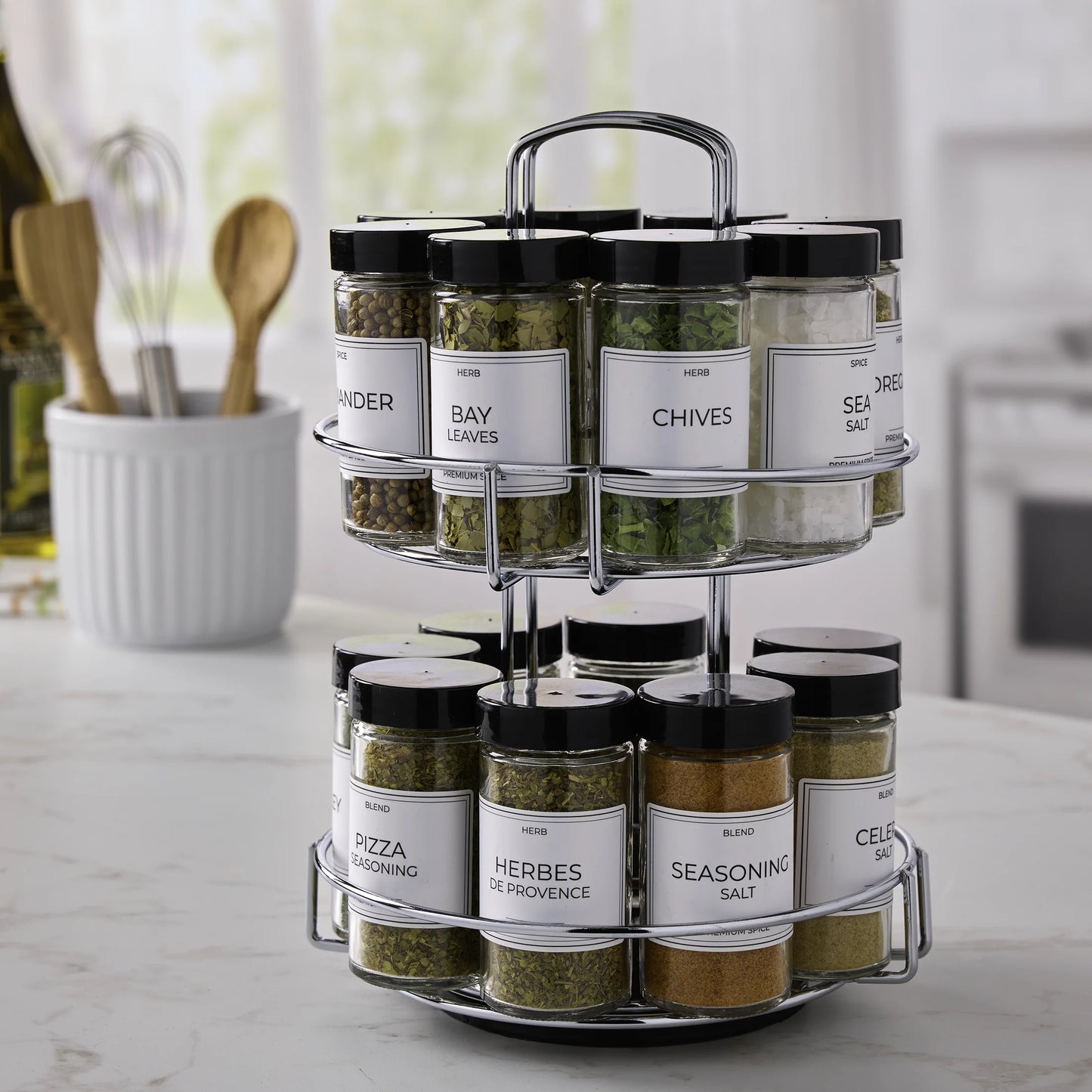 16-Jar Chrome Wire 2-Tier Revolving Filled Countertop Spice Rack & Organizer