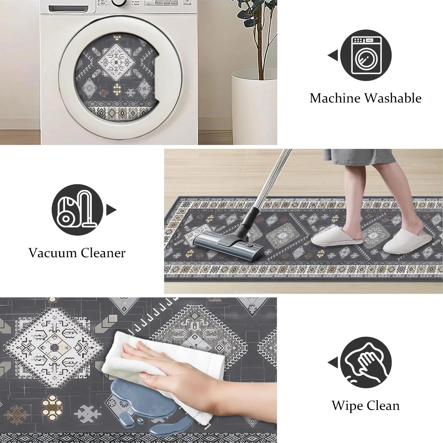 3-Piece Kitchen Rug Set, Non-Slip Machine Washable Mats, Farmhouse Hallway Doormat for Home and Living Room, Gray