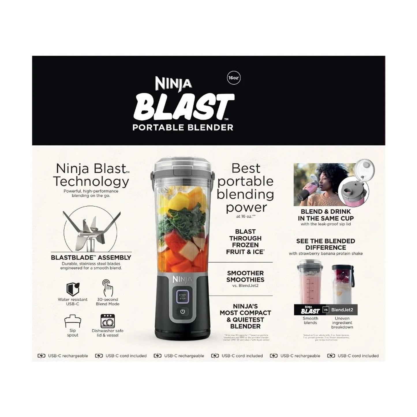 Blast 16 Oz Portable Personal Blender with Leak-Proof Lid and Easy Sip Spout, Black BC100BK
