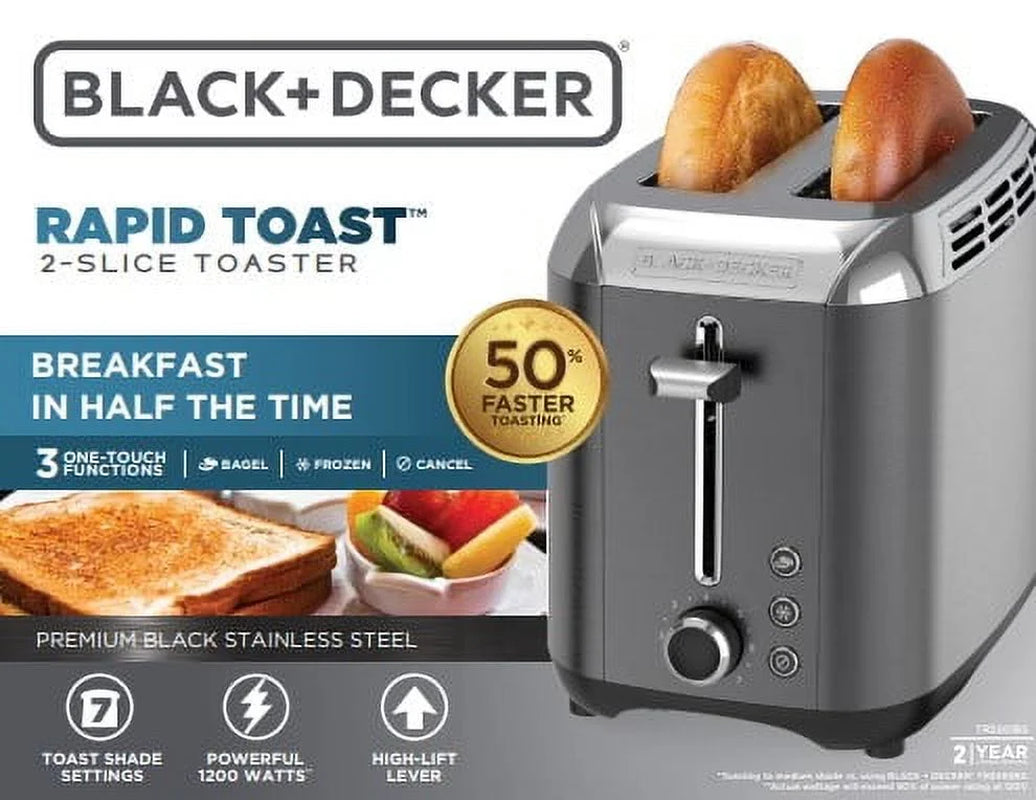 2-Slice Rapid Toaster, Black Stainless Steel with Removable Tray