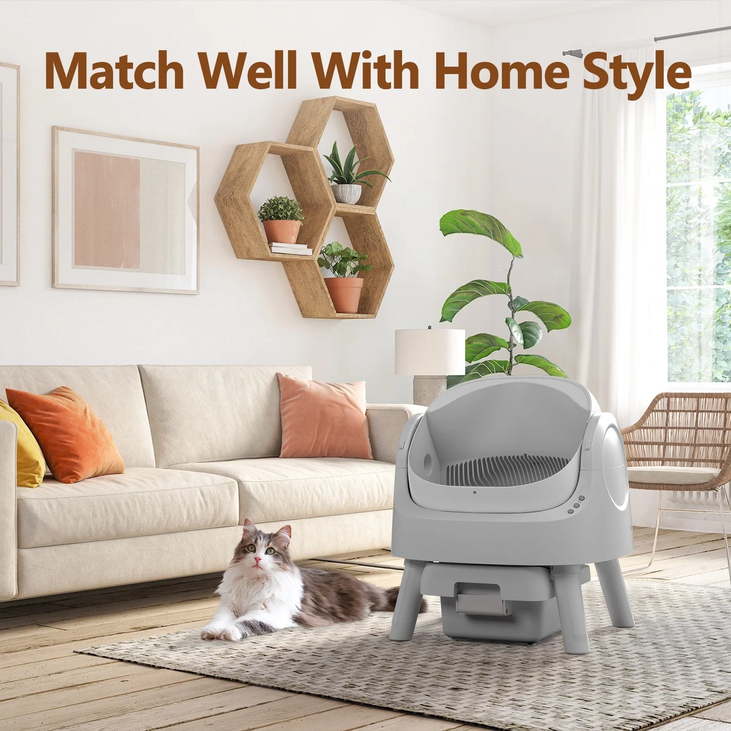 Self-Cleaning Automatic Cat Litter Box with Safety Features, Included Mat and Trash Bags, Steel Construction