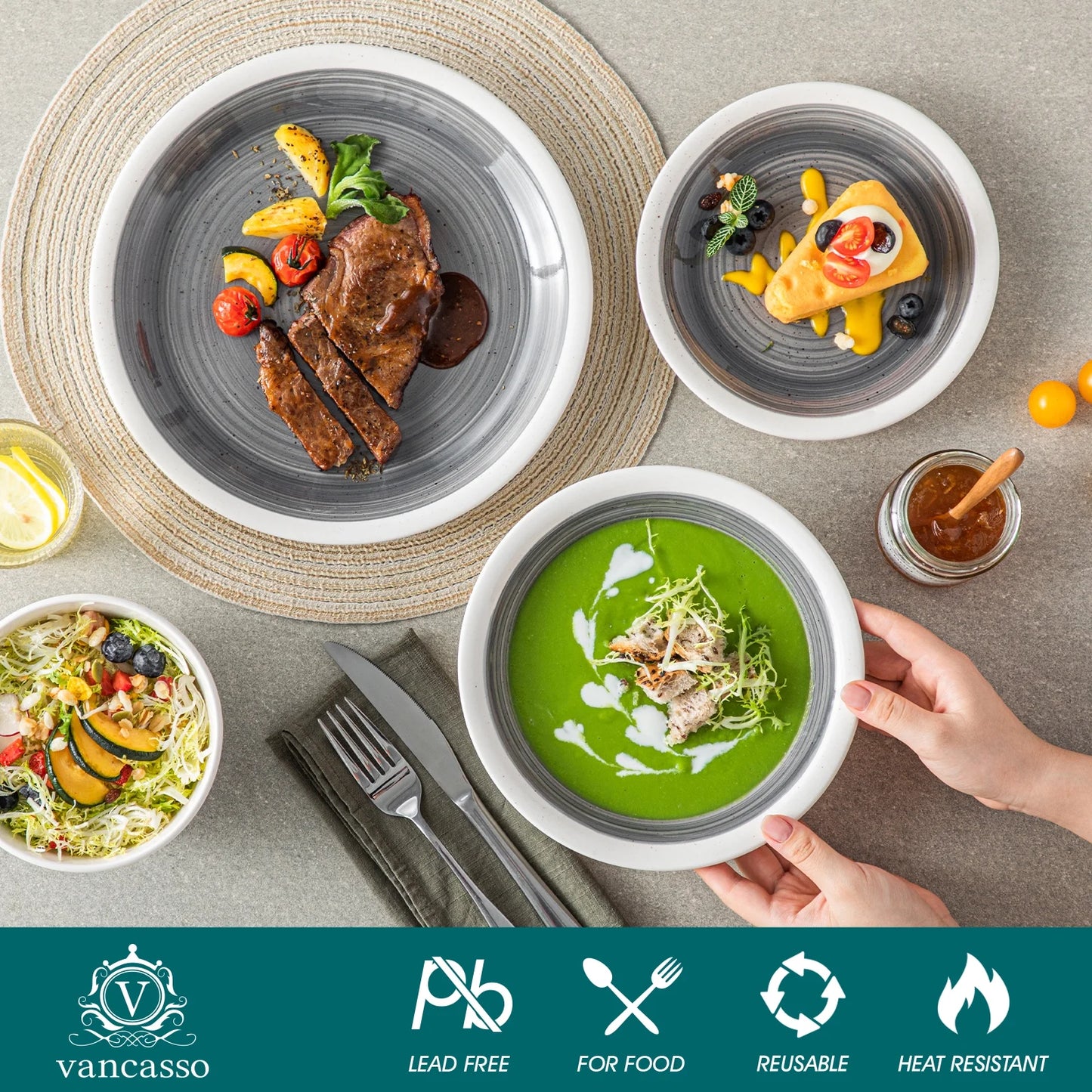 , Series ORI, 16-Piece Dinnerware Set, Stoneware Tableware Plate Set, Service for 4, Gray