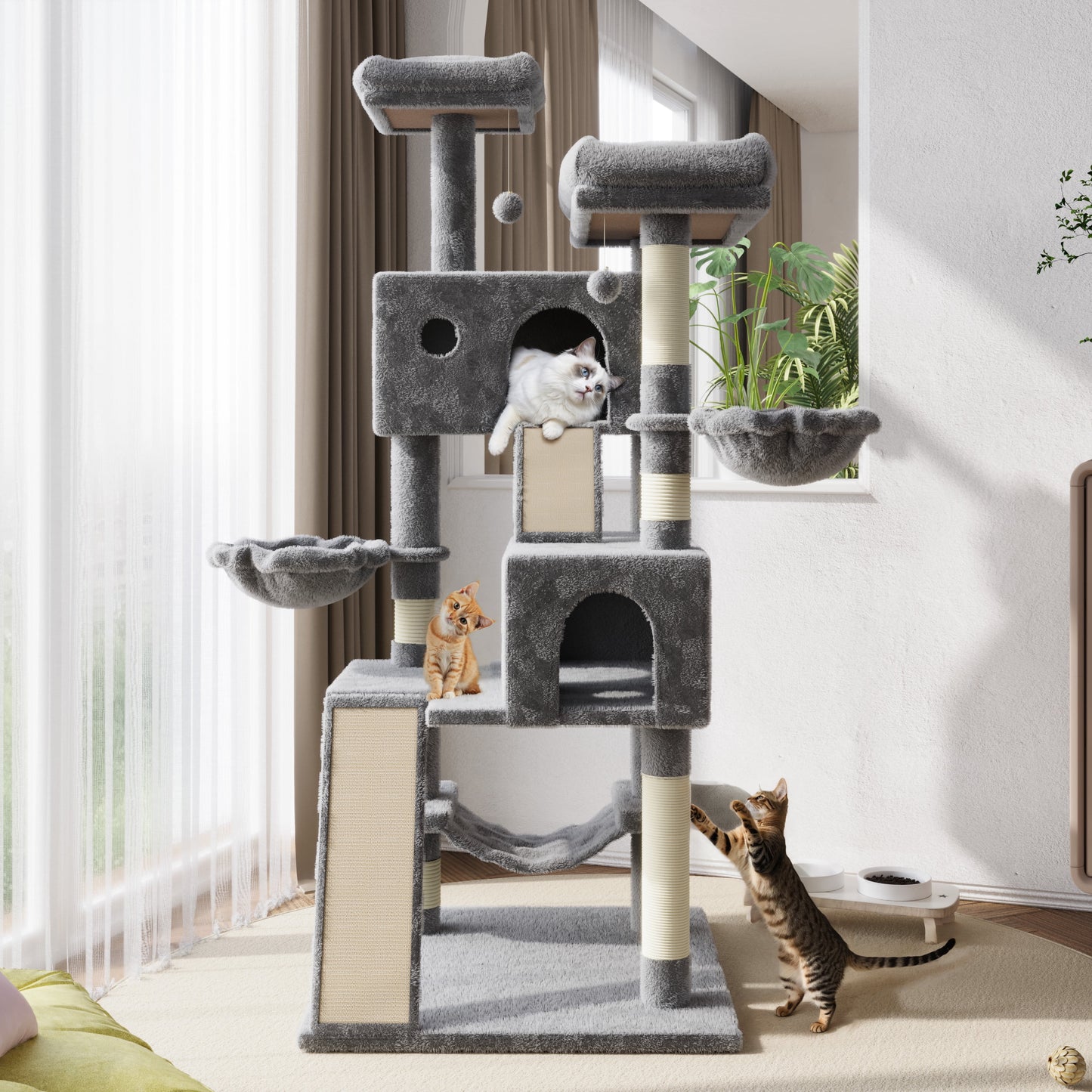 65.7" Large Cat Tree and Tower Condo for Indoor Cats with Dual Scratching Boards, Hammock, and Post in Gray
