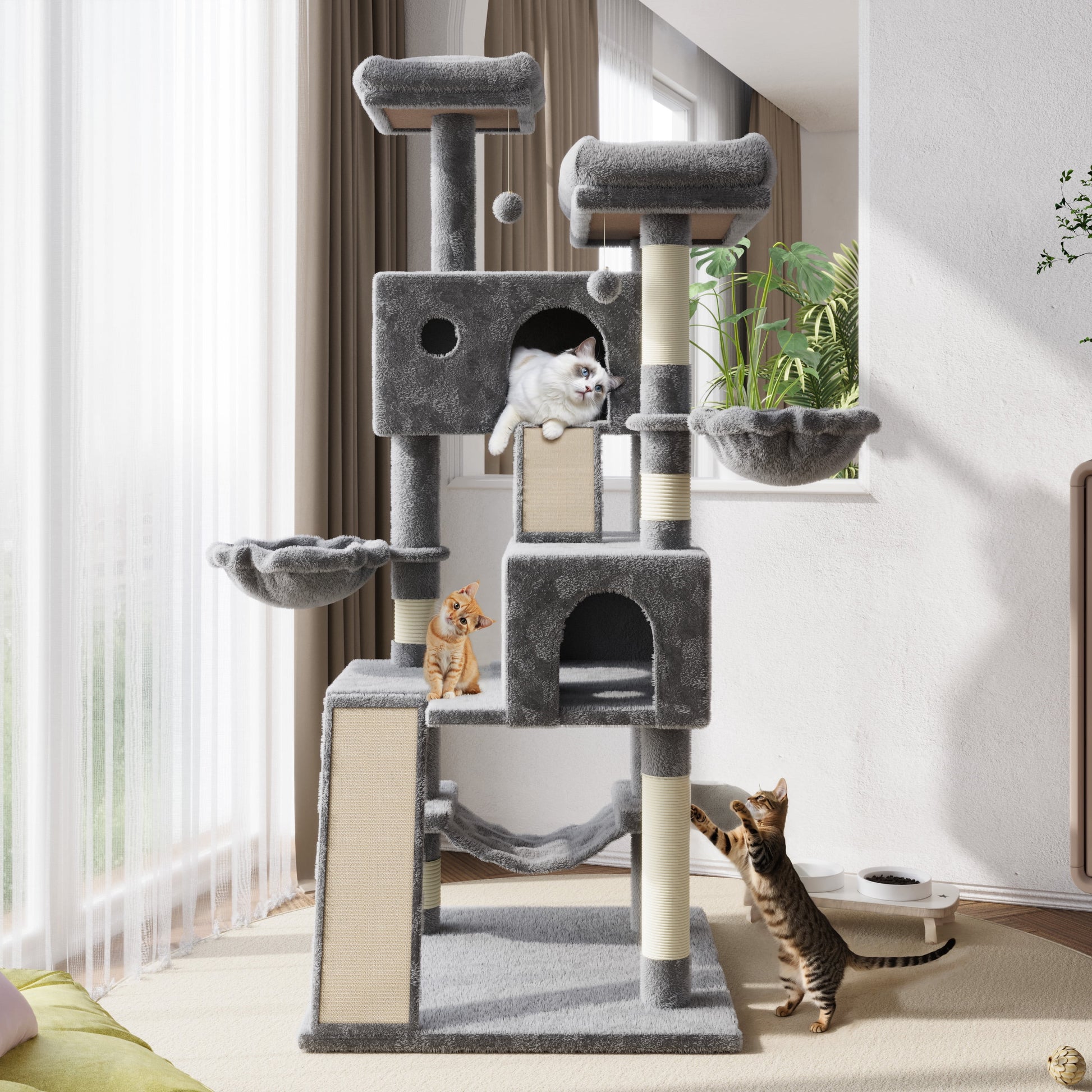 65.7" Large Cat Tree and Tower Condo for Indoor Cats with Dual Scratching Boards, Hammock, and Post in Gray