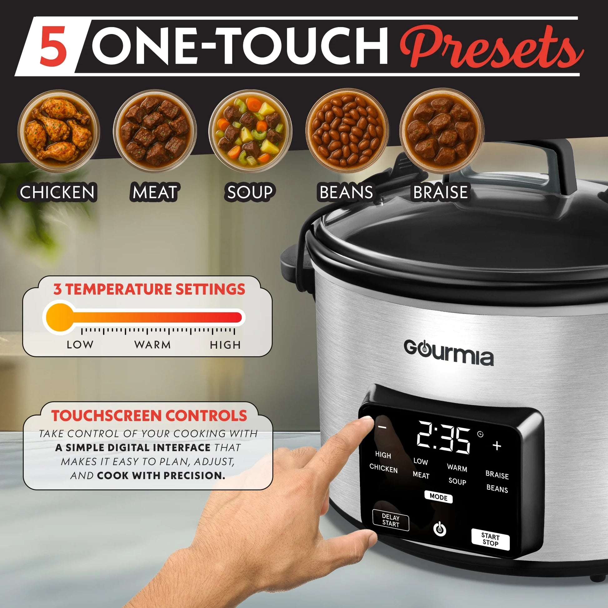 4.5 QT Programmable Slow Cooker, 5 Presets, Keep Warm, Stainless Steel