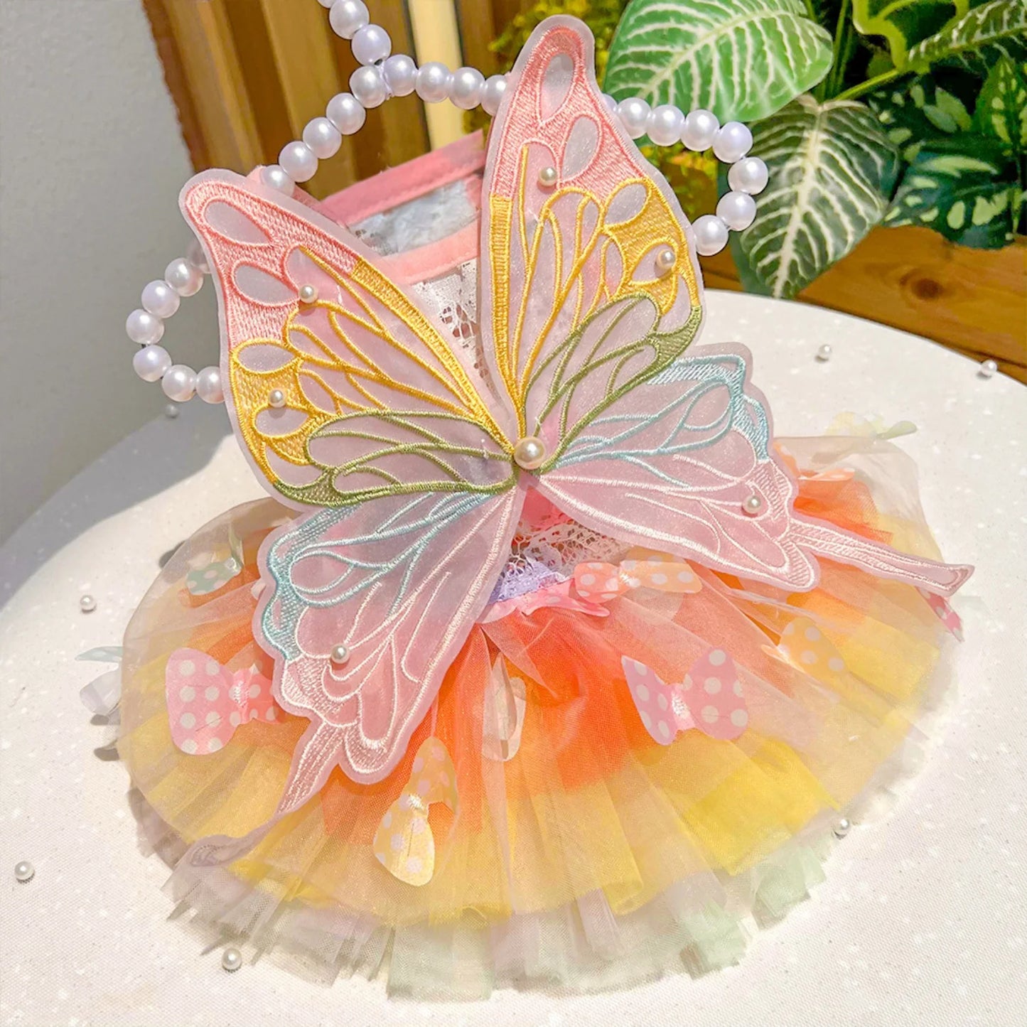 Rainbow Butterfly Dog Princess Dress - Playful Pet Apparel with Wings for Small Dogs and Cats, Ideal for Halloween, Birthdays, and Weddings