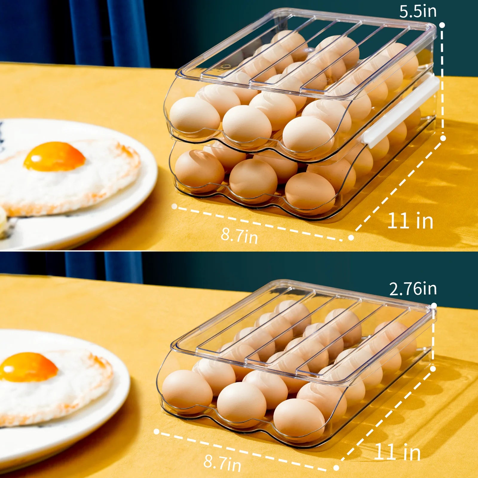 Fridge Egg Holder, 2 Layer Rolling Egg Cartons for Refrigerator, Refrigerator Egg Organizer with Lid, Clear Egg Dispenser, Egg Tray & Storage Container