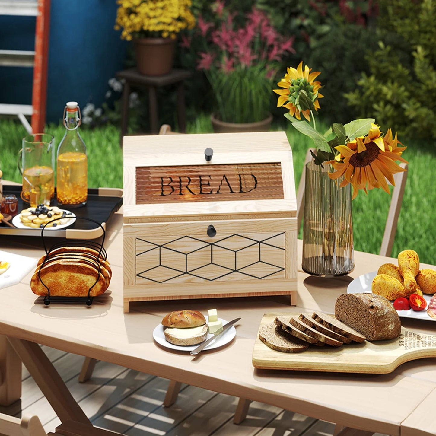 Large Bread Box, Wood 2-Layer Bread Box Storage for Kitchen Counter, with Bar Pattern Windows, Brown