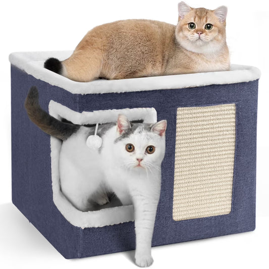 Indoor Pet Bed for Cats - Foldable Covered Kennel with Scratching Board, Ideal for Small Pets, Dark Blue
