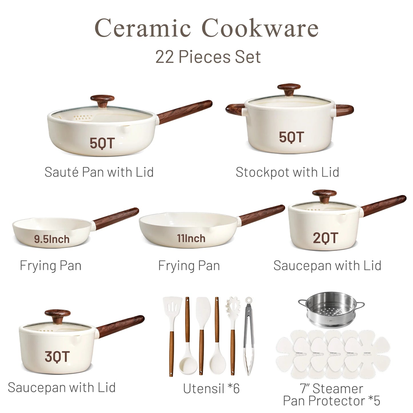 22-Piece Ceramic Nonstick Cookware Set with Steamer, Induction Compatible, White