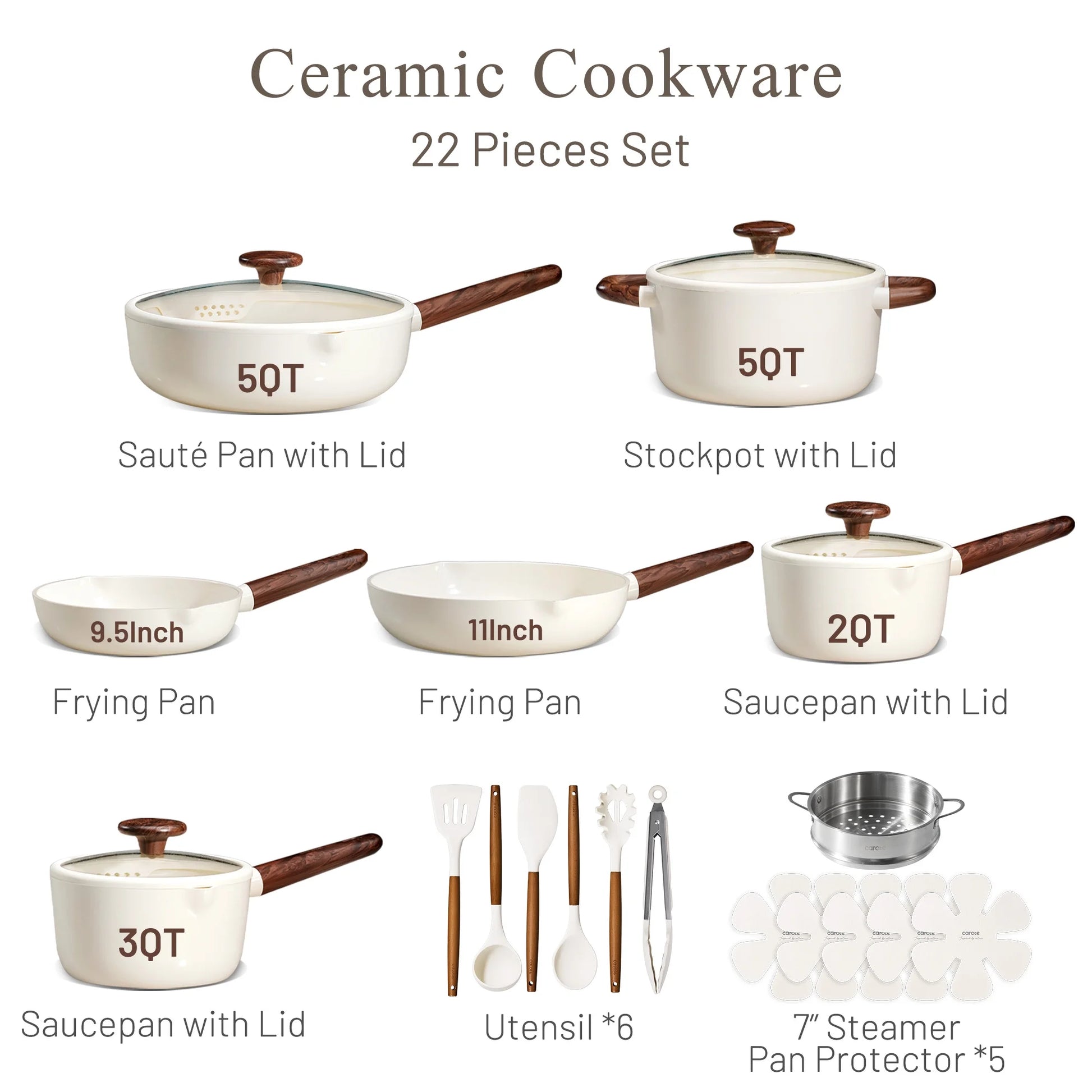 22-Piece Ceramic Nonstick Cookware Set with Steamer, Induction Compatible, White
