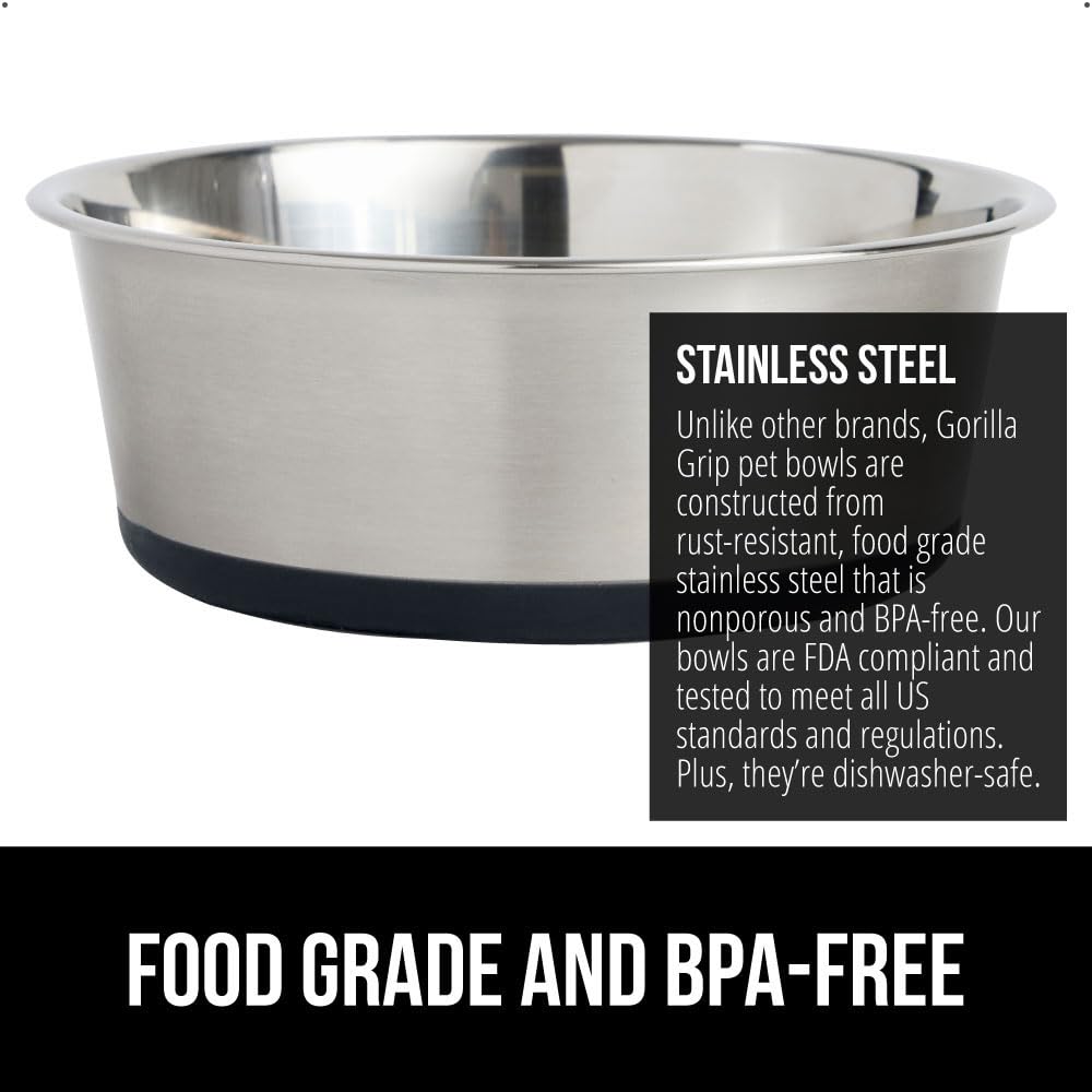 GORILLA GRIP Set of 2 Dog Bowls, Heavy Duty Metal Food and Water Bowl for Feeding Dogs and Cats, Dishwasher Safe, Rust Resistant Stainless Steel, BPA Free Rubber Base, Holds 2 Cups (16 fl oz), Black