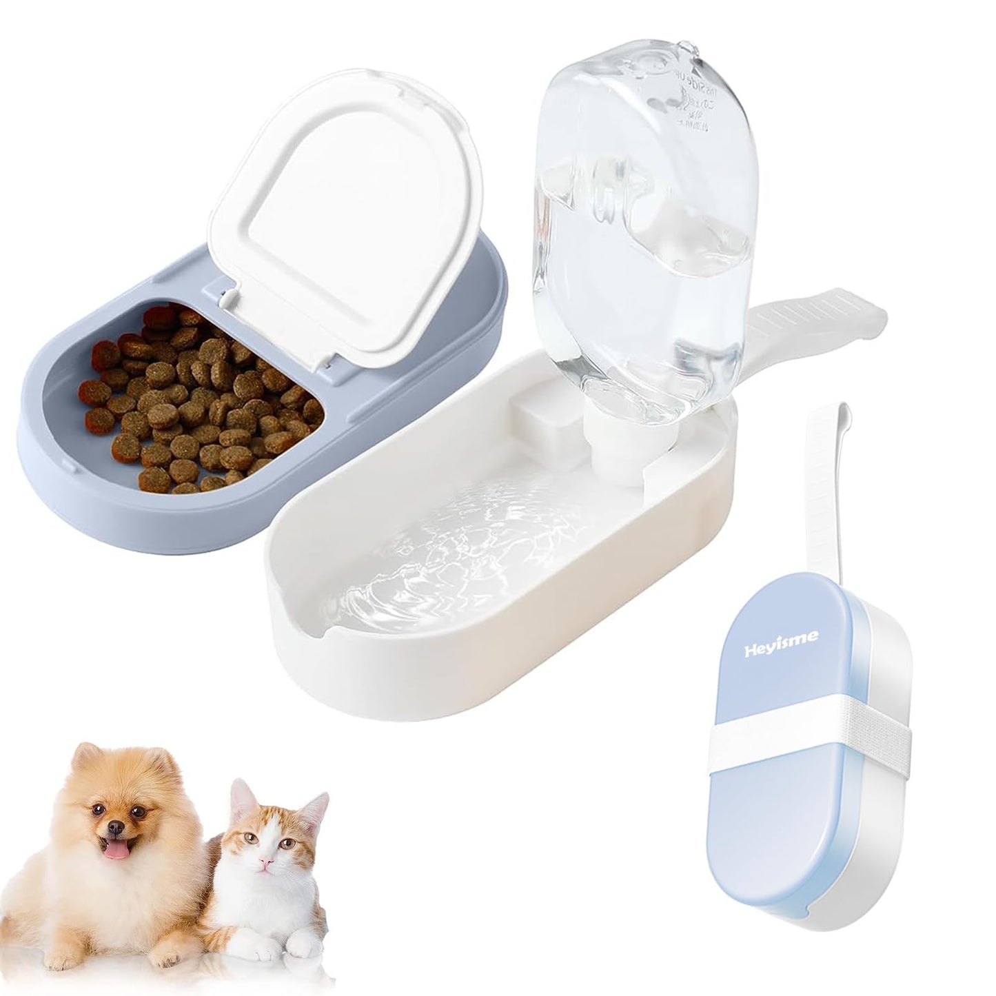 HEYISME 2-in-1 Dog Bowl & Water Bottle, Large Food Container for Dog Treats, Steak, Sticks, Bars - Portable Pet Dispenser for Hiking, Travel (Blue)