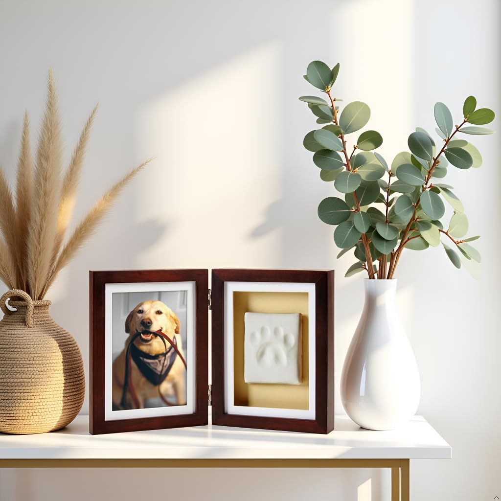 Pearhead Pet Paw Print Memorial Frame with Clay Imprint Kit, Dog & Cat Pawprint Keepsake Wood Photo Frame, DIY No Bake Paw Print Kit, 4x6 Picture Display, Espresso Brown