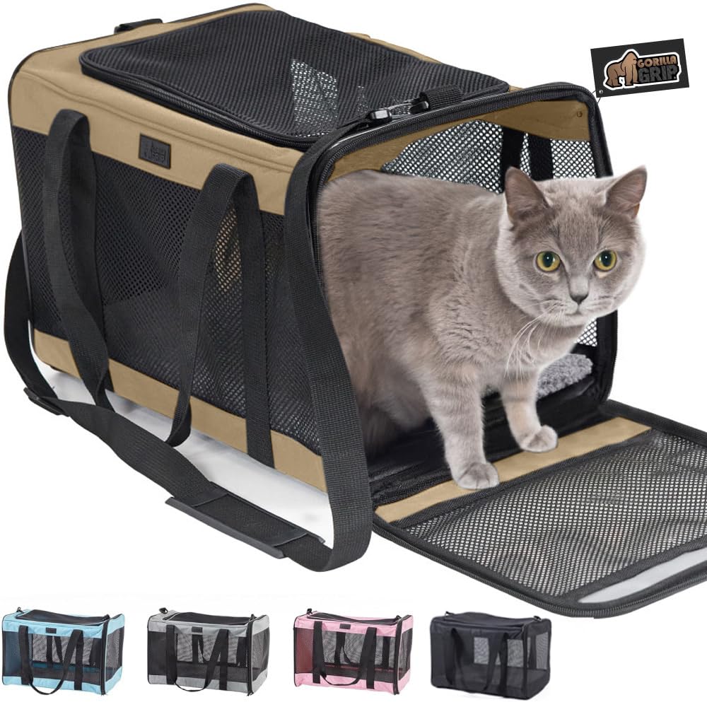 GORILLA GRIP Airline Travel Cat Carrier Bag Up to 15 Lbs, Breathable Mesh Collapsible Pet Carriers for Small, Medium Cats, Small Dogs, Puppies, Portable Kennel with Soft Washable Waterproof Pad, Beige