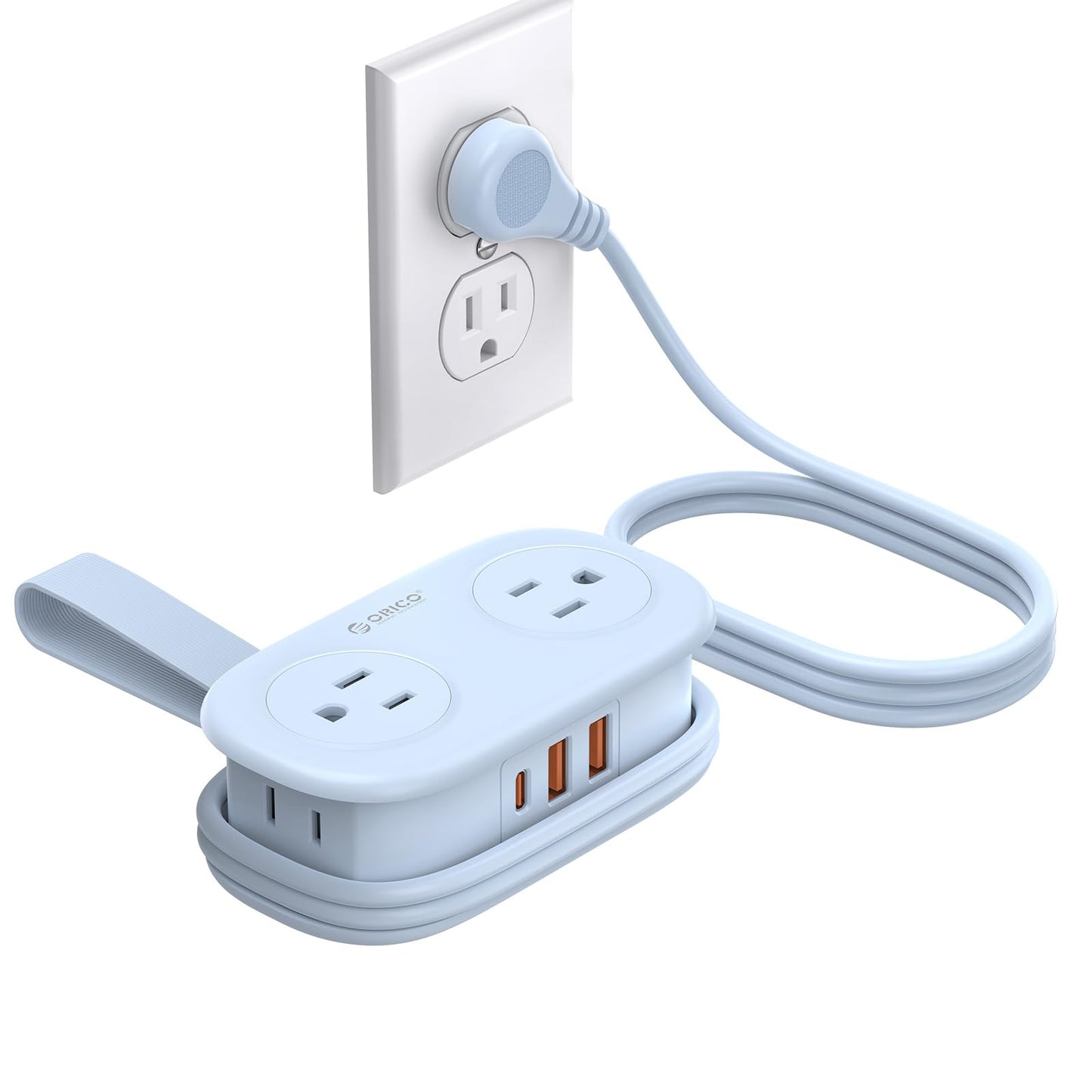 ORICO Blue Travel Power Strip PD20W with 4 AC Outlets 3 USB Ports (1 USB-C), 4FT Flat Plug Extension Cord, Compact Portable Design for Business Travel, Cruise Ship Essentials-AP3