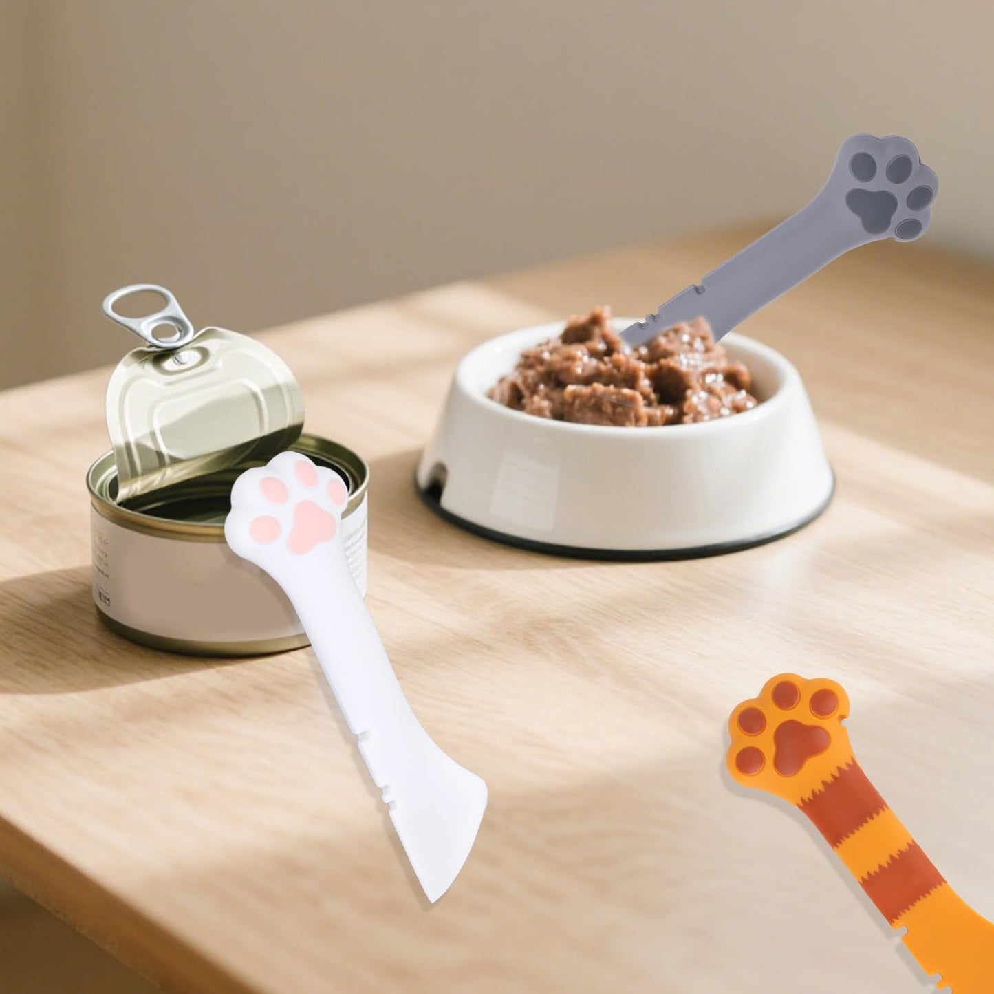 Tinoaly 3 Pcs Dog Cat Food Spoon, Cute Paw Spoon for Wet Food Silicone Can Opener Multifunctional Pet Spatula Scoop Mixing Spoons for Cat Dog Supplies (White, Orange & Dark Grey)