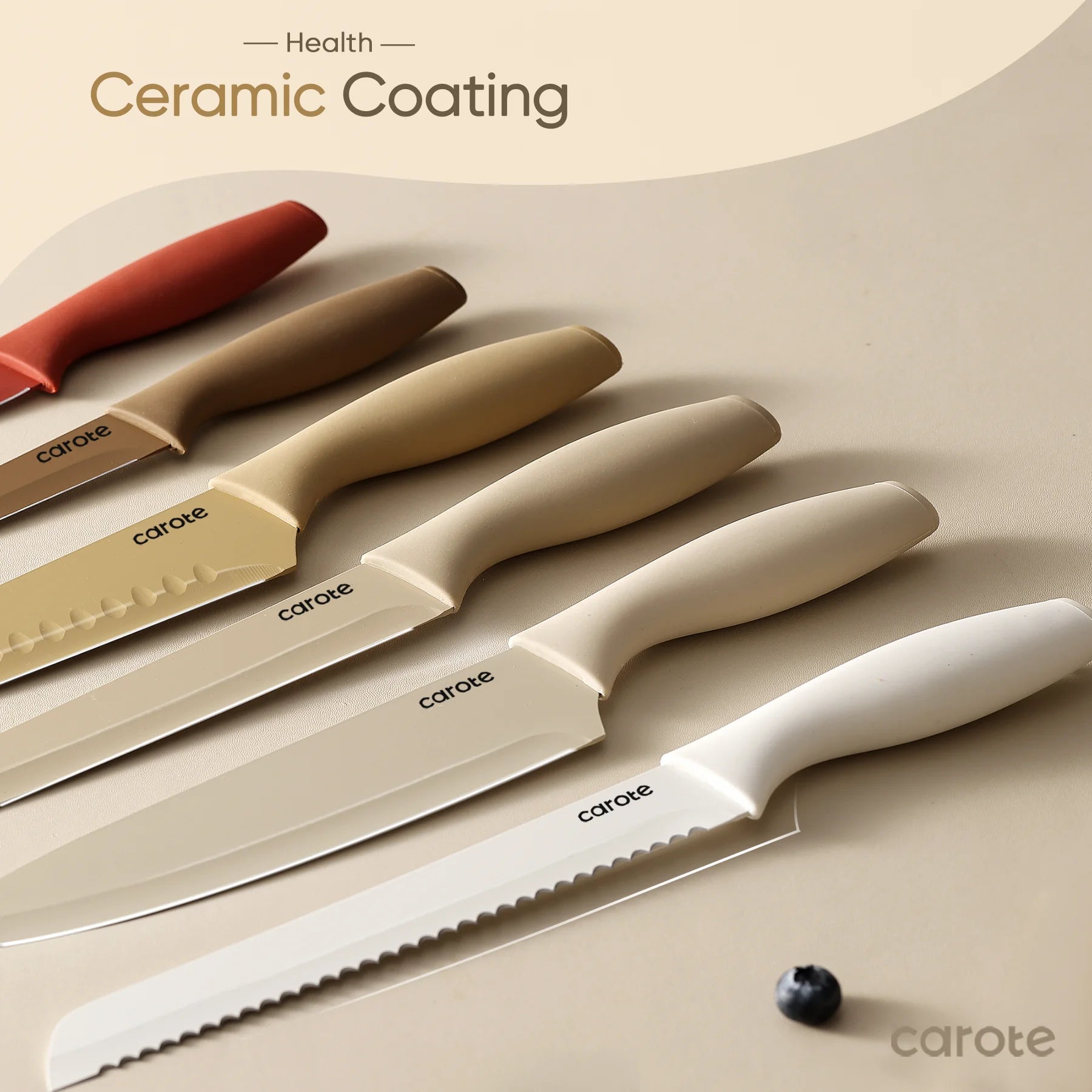 12-Piece Stainless Steel Kitchen Knife Set with Nonstick Ceramic Coating in Taupe