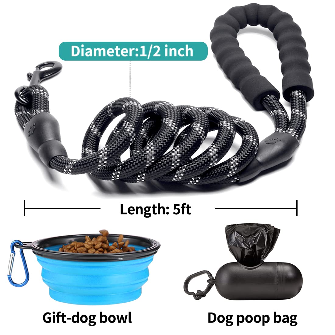 COOYOO 2 Pack Dog Leash 5 FT Heavy Duty - Comfortable Padded Handle - Reflective Dog Leash for Medium Large Dogs with Collapsible Pet Bowl