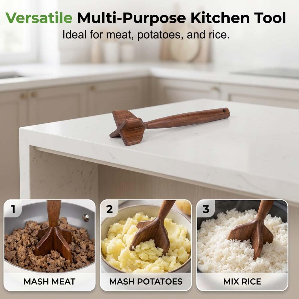 Teak Wood Meat Chopper, 2026 New Wooden Meat Masher Chopper, Ground Beef Masher, Chicken Hamburger Shredder Tool Multipurpose Kitchen Gadgets (1)