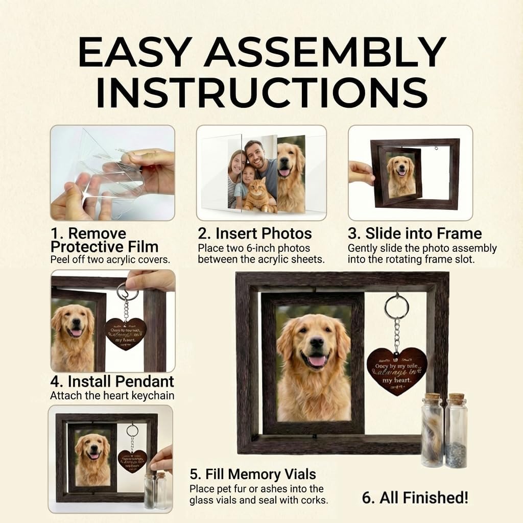 Quzovlta Dog Memorial Gifts for Loss of Dog, Pet Memorial Gifts for Dogs Cats, Rotating Wooden Picture Frame, Funeral Tribute for Beloved Dogs & Cats