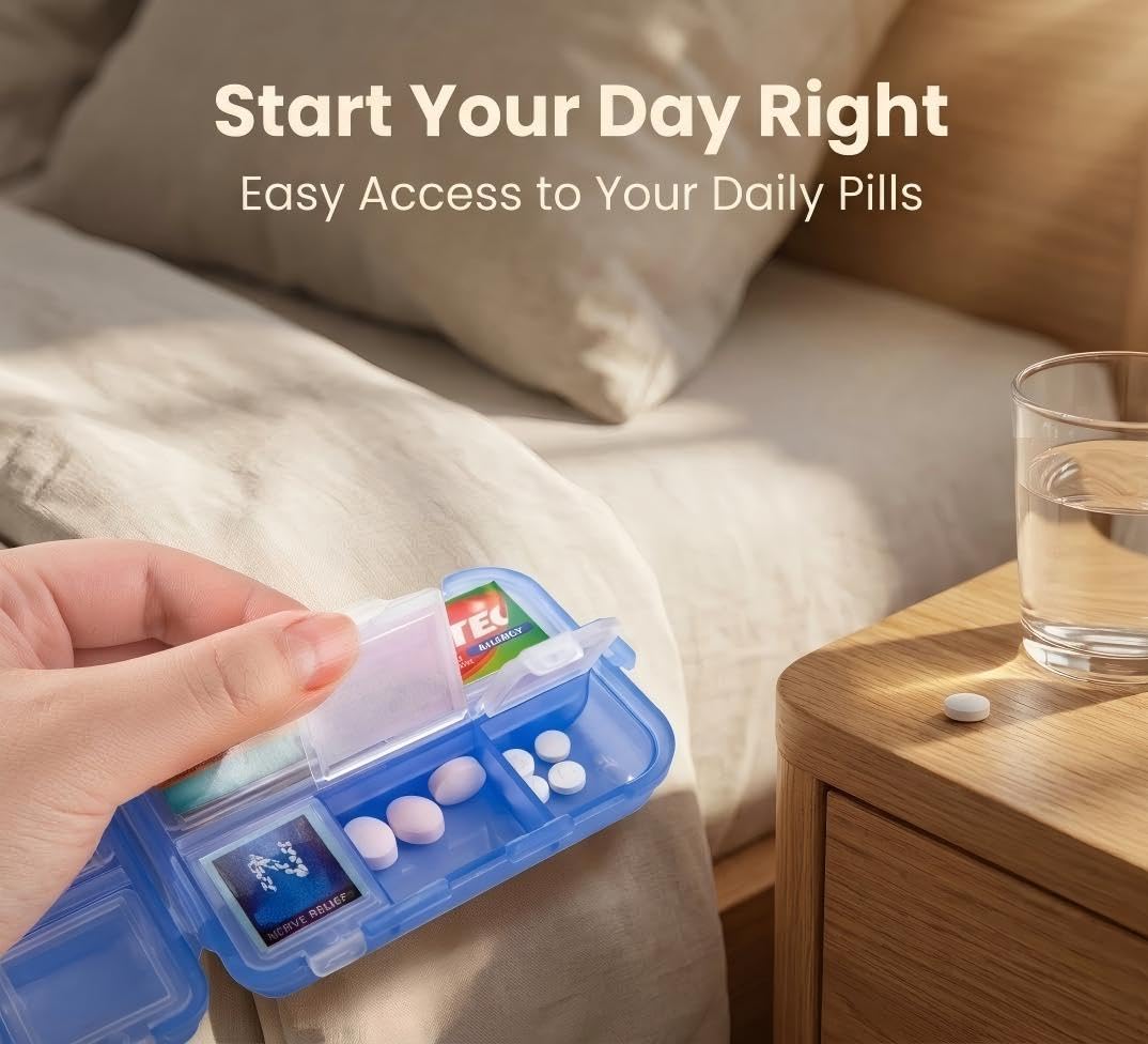 iouwei Pill Organizer With Medicine Labels - 7 Day Travel Daily Container, Mini Medication Storage Case, White With 161 Labels