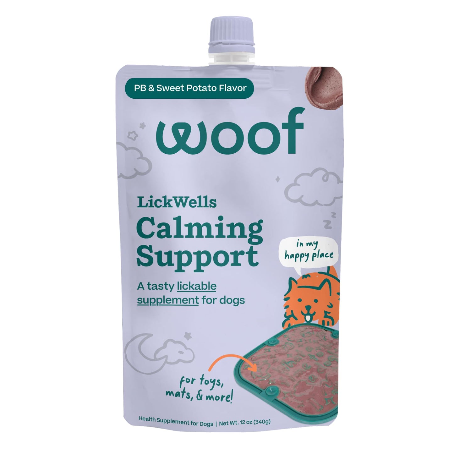 WOOF LickWells Calming Support - Dog Lick Mat Spread and Calming Supplement for Dogs - Promotes Relaxation for Normal Stress -Pairs with FlipMat and LickMat - 12 oz - PB & Sweet Potato Flavor