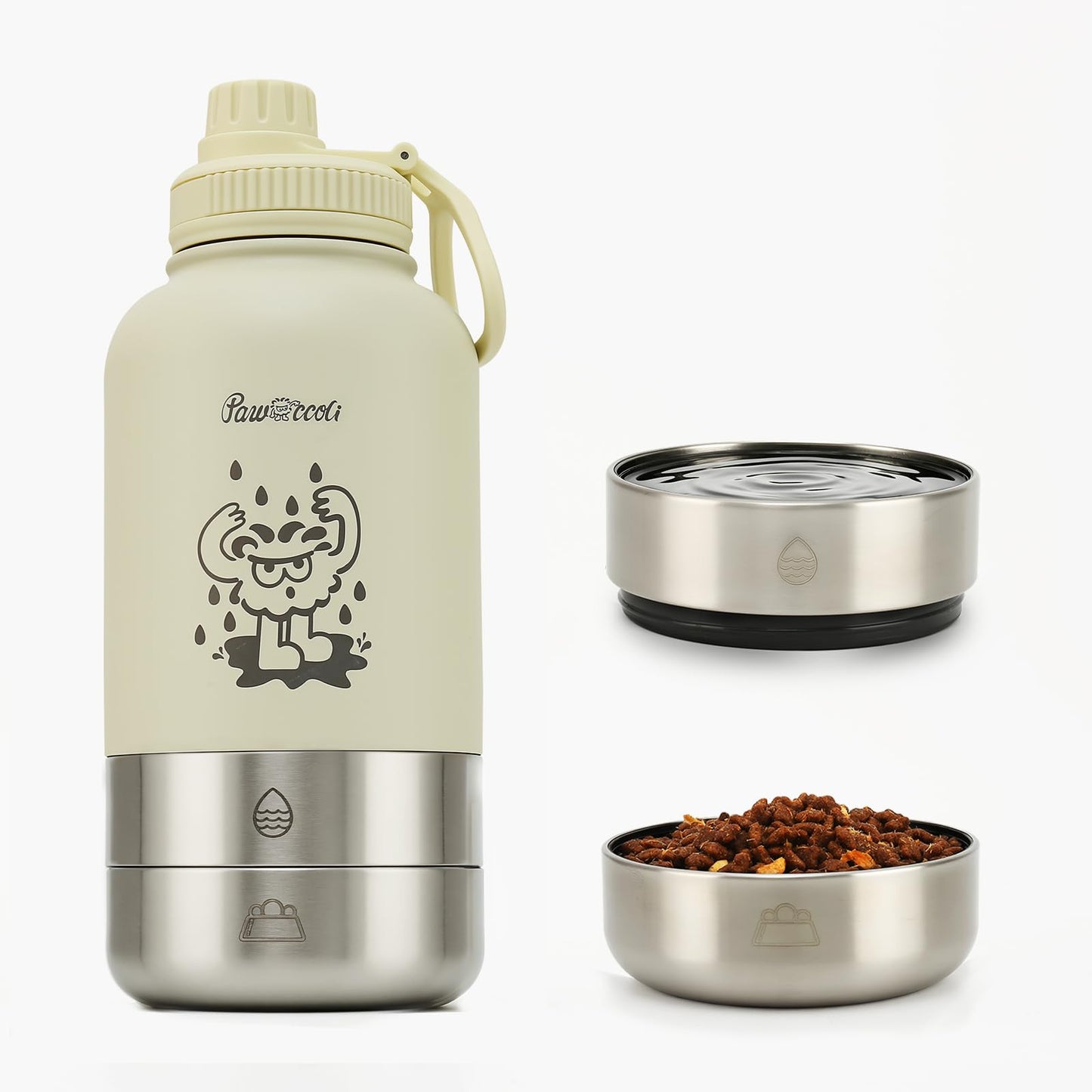 Pawccoli 34oz Dog Water Bottle, Stainless Steel Dog Water Bottle Dispenser with Detachable Food & Water Bowls, Keeps Water Hot/Cold, for Walking, Hiking, Camping(Cream)