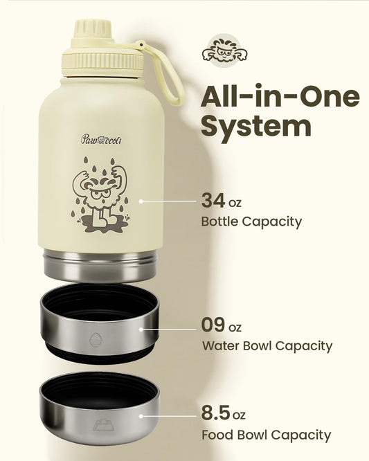 Pawccoli 34oz Dog Water Bottle, Stainless Steel Dog Water Bottle Dispenser with Detachable Food & Water Bowls, Keeps Water Hot/Cold, for Walking, Hiking, Camping(Cream)