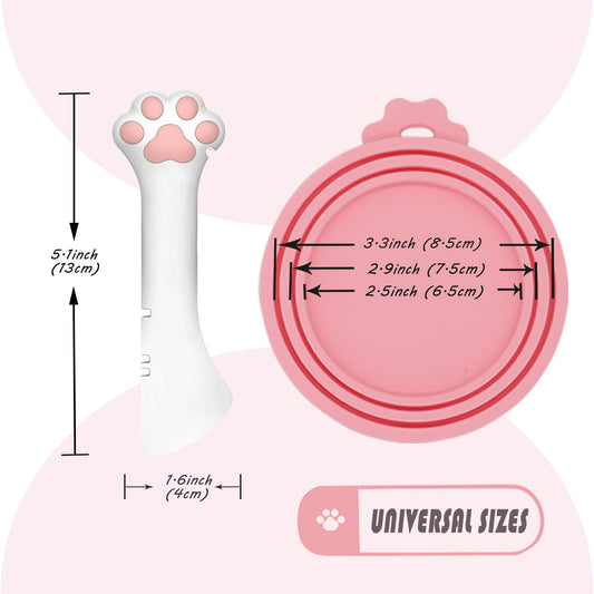 DORUI 3 Pcs Pet Food Can Lids & One Can Spoon | Cute Paw Shape Opener Spatula Cat Wet Food Spoon | Universal BPA Free Silicone Covers for Dog Cat Cans(Pink)