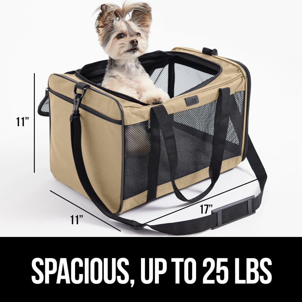 GORILLA GRIP Airline Travel Cat Carrier Bag Up to 15 Lbs, Breathable Mesh Collapsible Pet Carriers for Small, Medium Cats, Small Dogs, Puppies, Portable Kennel with Soft Washable Waterproof Pad, Beige