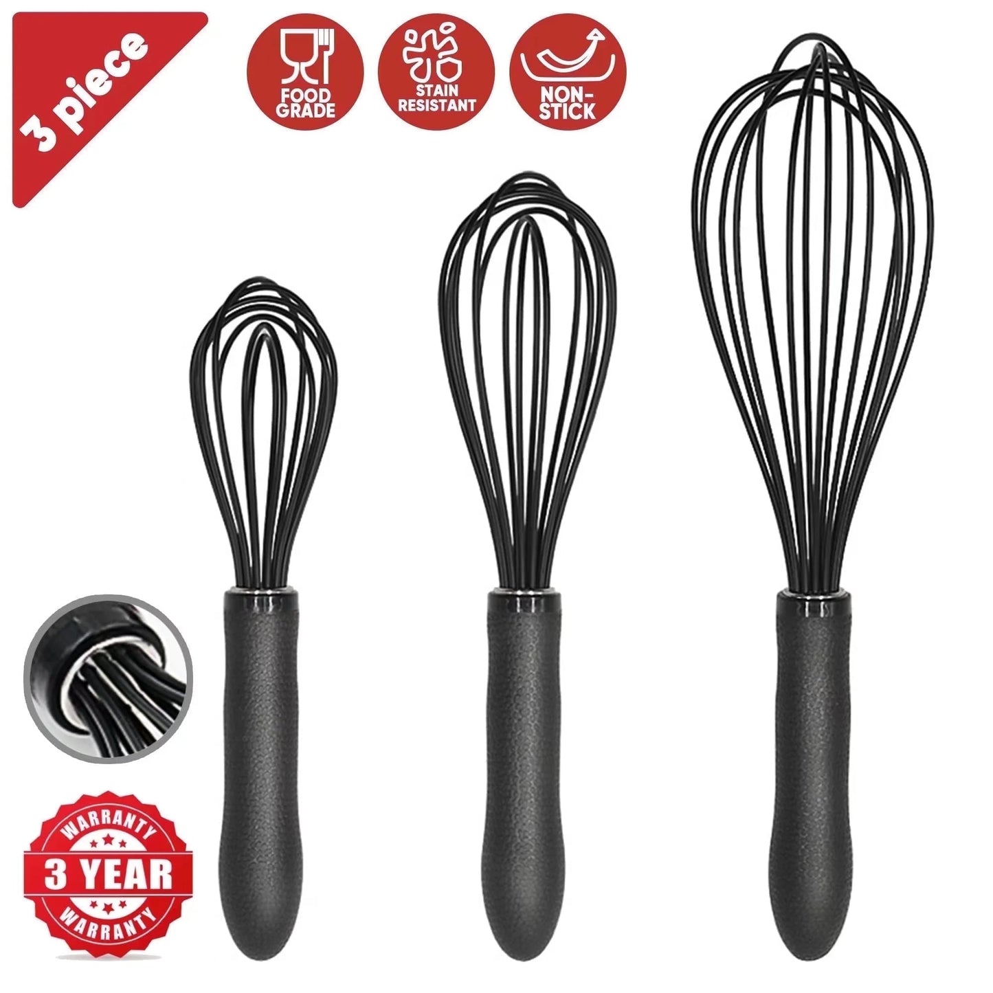 Silicone Wire Whisk, Egg Beater, 3 Sizes, for Blending, Whisking, Beating, Frothing, Stirring