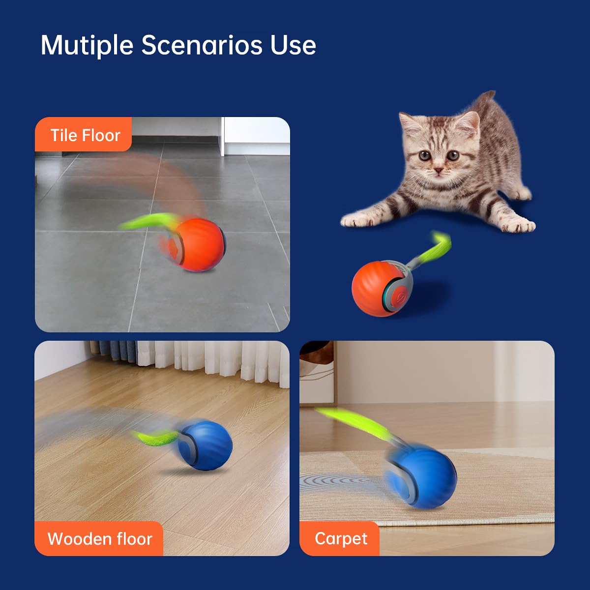 Speedy Ball with Tail Cat Toy, Smart Interactive Tail for Bored Indoor Cats, Automatic Cat Rolling Ball 2.0 Enrichment Toys, Turbo Electric Self Moving 3.0, Electronic Rollie Pet Chase