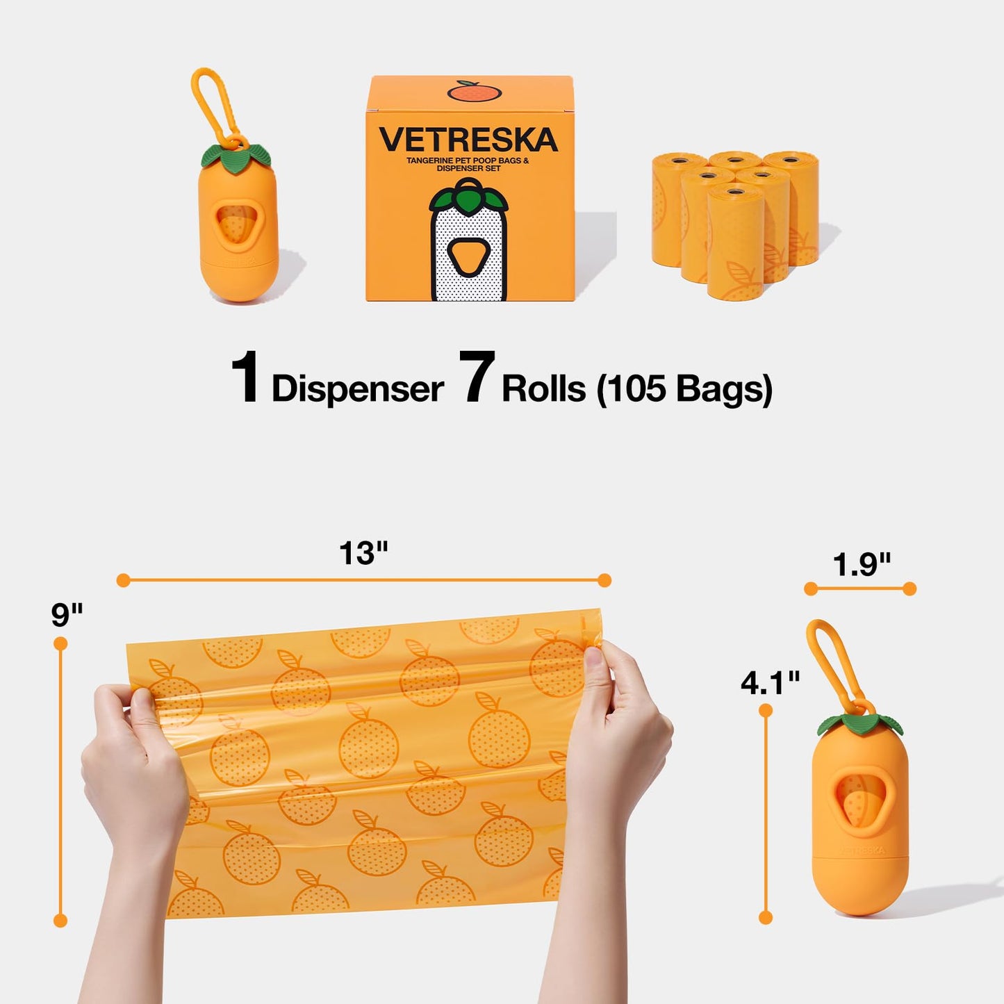 VETRESKA Dog Poop Bags Dispenser with Citrus Scented Waste Bags, Leak Proof, Extra Thick and Large Pet Poop Bags for Walking Dog, Cats Litter and Babies' Diaper 1 Count Holder and 105 Bags, Orange